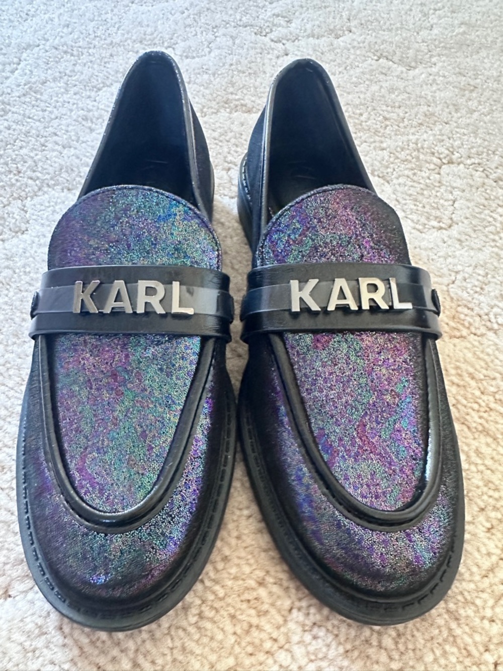 Karl Lagerfeld Iridescent Purple Green Metallic Loafers size 6 NWT